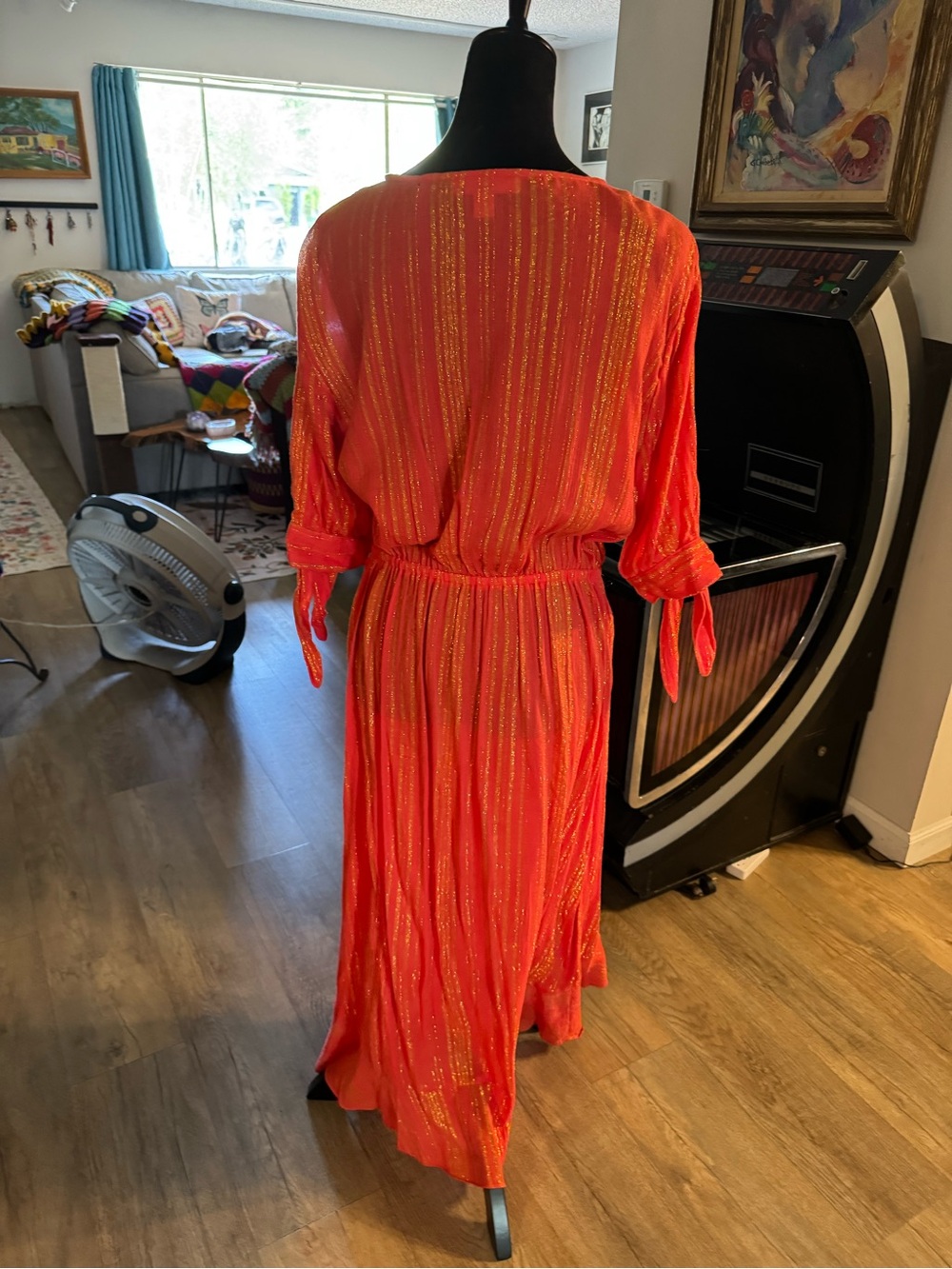 Michael Kors Orange Metallic-Striped Midi Wrap Dress - Picture 4 of 7